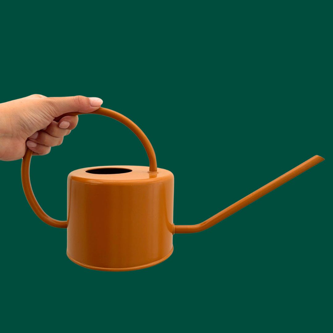 Hand holding an orange 1L watering can