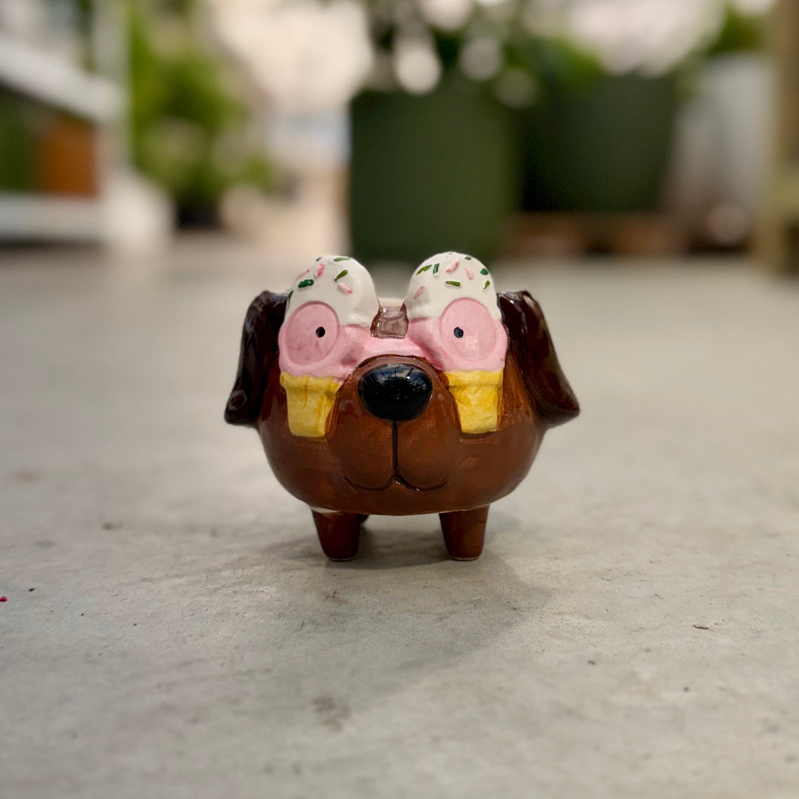 Small brown dog head plant pot with icecream glasses