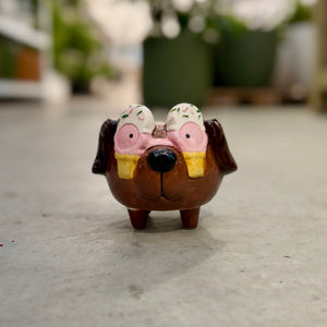 Small brown dog head plant pot with icecream glasses