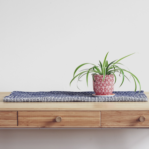 Small spider plant in a red patterned decorative pot on a hallway console table