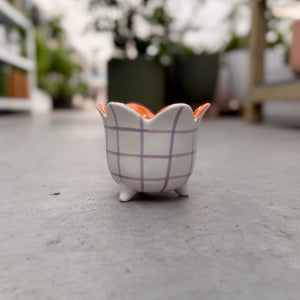 White small flower plant pot with purple painted grid lines